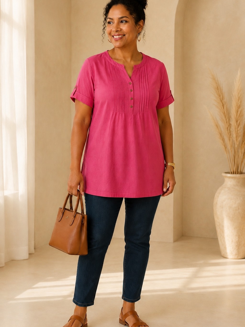 Women's Pink Pintuck Henley Tunic Top